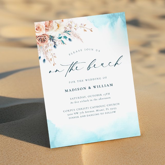 Elegant On the Beach Blue Watercolor Wedding Invitation (Creator Uploaded)