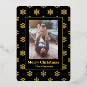 Elegant one photo black gold Christmas Foil Holiday Card