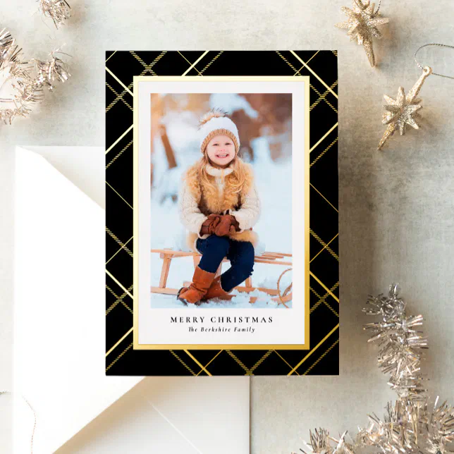 Elegant one photo black gold Christmas Foil Holiday Card | Zazzle