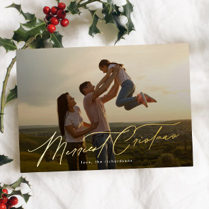 Elegant One Photo Gold Merry Christmas Typography Foil Holiday Card