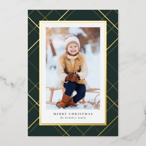 Elegant one photo green gold Christmas plaid Foil Holiday Card