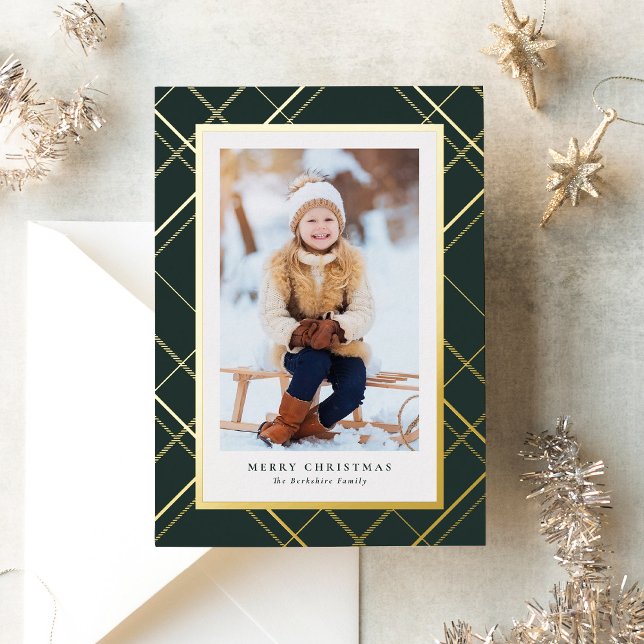 Elegant one photo green gold Christmas plaid Foil Holiday Card (Creator Uploaded)