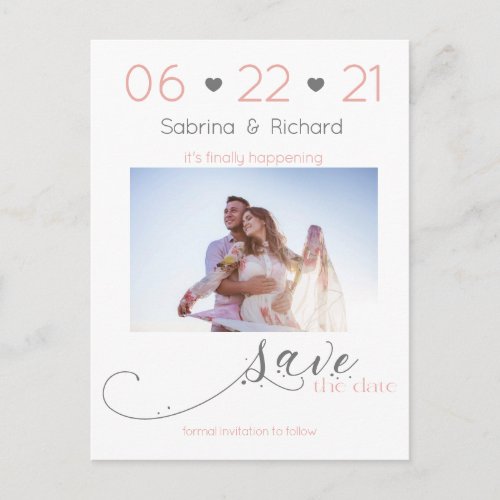 Elegant One Photo Minimalist Blush Save the Date Postcard