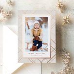 Elegant one photo rose gold modern Christmas Foil Holiday Card<br><div class="desc">Chic and stylish, this one-photo Christmas card is the perfect way to send holiday greetings to friends and family. A rose gold plaid frames a single vertical photo. The two text spots can be customized with your own greeting, name, year or any other message. The back is a coordinating rosé...</div>