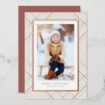 Elegant one photo rose gold modern Christmas Foil Holiday Card<br><div class="desc">Chic and stylish, this one-photo Christmas card is the perfect way to send holiday greetings to friends and family. A rose gold plaid frames a single vertical photo. The two text spots can be customized with your own greeting, name, year or any other message. The back is a coordinating rosé...</div>