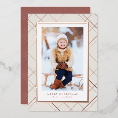 Elegant one photo rose gold modern Christmas Foil Holiday Card