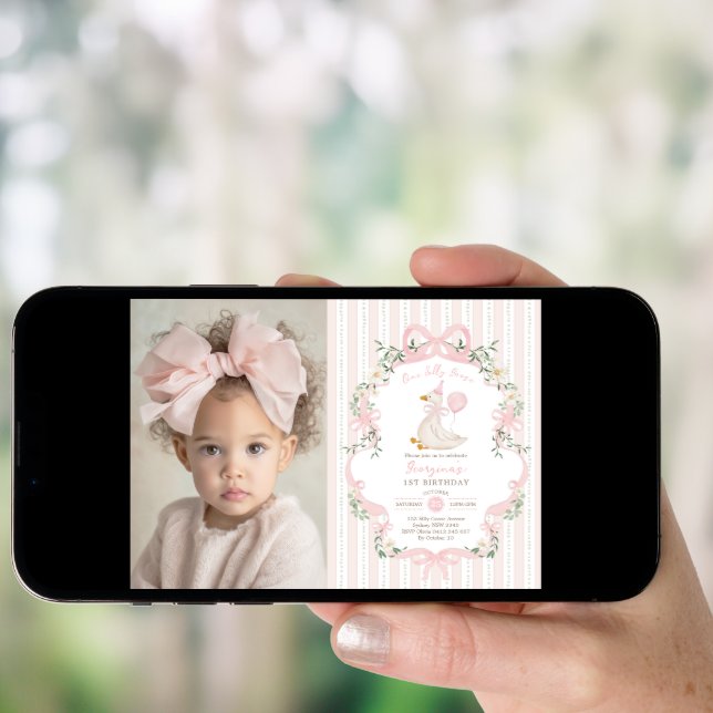 Elegant One Silly Goose Pink Bow Girl 1st Birthday Invitation (Front Digital)
