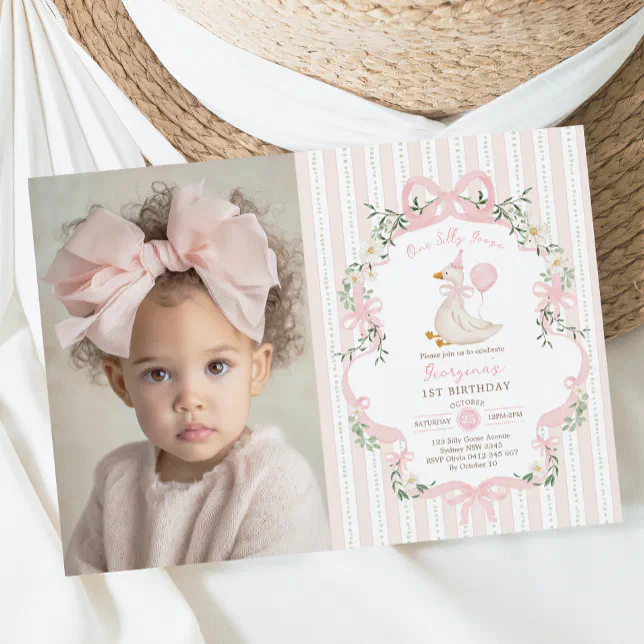 Elegant One Silly Goose Pink Bow Girl 1st Birthday Invitation | Zazzle