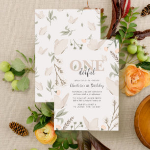 Elegant Onederful Butterfly Floral 1st Birthday Invitation
