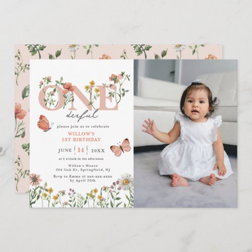 Elegant Onederful Wildflower 1st Birthday Invitation