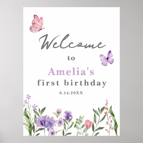 Elegant Onederful Wildflower 1st Birthday Welcome Poster