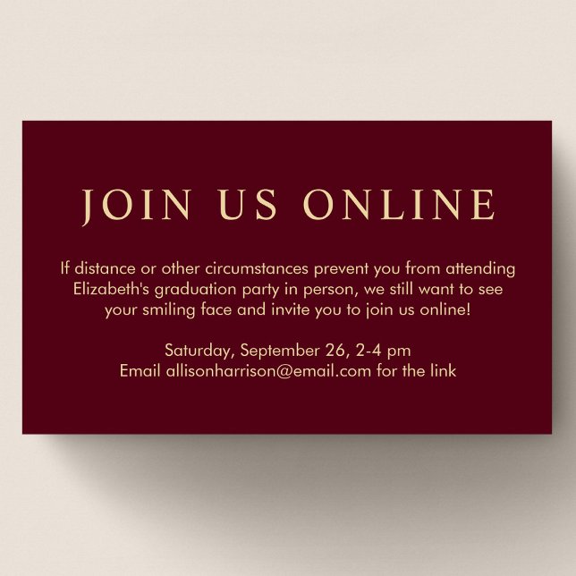 Elegant Online Burgundy Gold Graduation Party Enclosure Card (Creator Uploaded)