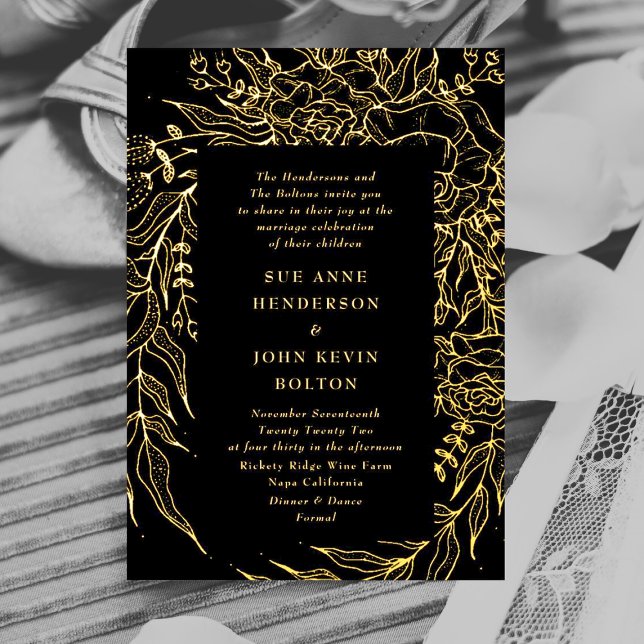 Elegant Onyx Black Tuxedo Gold Wreath Wedding Foil Invitation (Creator Uploaded)