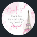 Elegant Ooh la la Paris Eiffel Tower Pink White Classic Round Sticker<br><div class="desc">Elegant stickers which you can customize for any occasion and use as favor labels, envelope seals etc. Parisian chic design with Ooh la la! exclamation and pink script typography. The Paris Eiffel Tower is a watercolor illustration with pink and gold highlights, surrounded with subtle pink bokeh. The template is ready...</div>