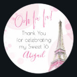Elegant Ooh la la Paris Eiffel Tower Pink White Classic Round Sticker<br><div class="desc">Elegant stickers which you can customize for any occasion and use as favor labels, envelope seals etc. Parisian chic design with Ooh la la! exclamation and pink script typography. The Paris Eiffel Tower is a watercolor illustration with pink and gold highlights, surrounded with subtle pink bokeh. The template is ready...</div>