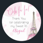 Elegant Ooh la la Paris Eiffel Tower Pink White Classic Round Sticker<br><div class="desc">Elegant stickers which you can customize for any occasion and use as favor labels, envelope seals etc. Parisian chic design with Ooh la la! exclamation and pink script typography. The Paris Eiffel Tower is a watercolor illustration with pink and gold highlights, surrounded with subtle pink bokeh. The template is ready...</div>