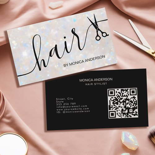 Elegant Opal Glitter Hair Script Scissors QR Code Business Card
