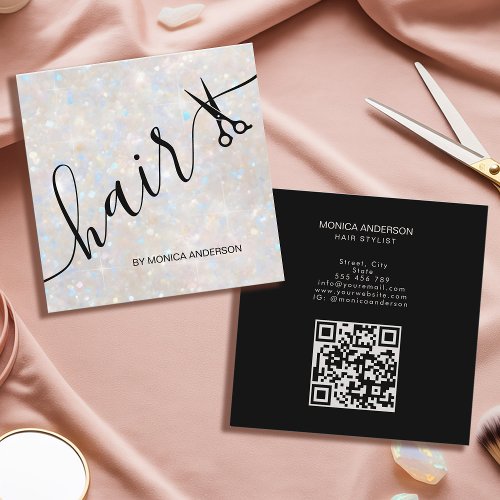 Elegant Opal Glitter Hair Script Scissors QR Code Square Business Card