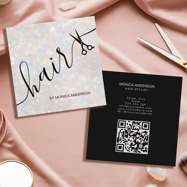 Elegant Opal Glitter Hair Script Scissors QR Code Square Business Card (Elegant Opal Glitter Hair Script Scissors QR Code Square Business Card)