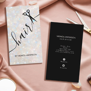 Elegant Opal Glitter Hair Script Stylist Scissors Business Card