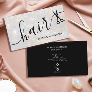 Elegant Opal Glitter Hair Script Stylist Scissors Business Card