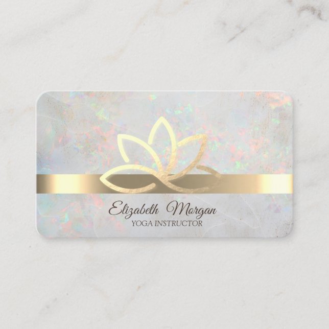 Elegant Opal Holographic,Gold Stripe,Gold Lotus  Business Card (Front)