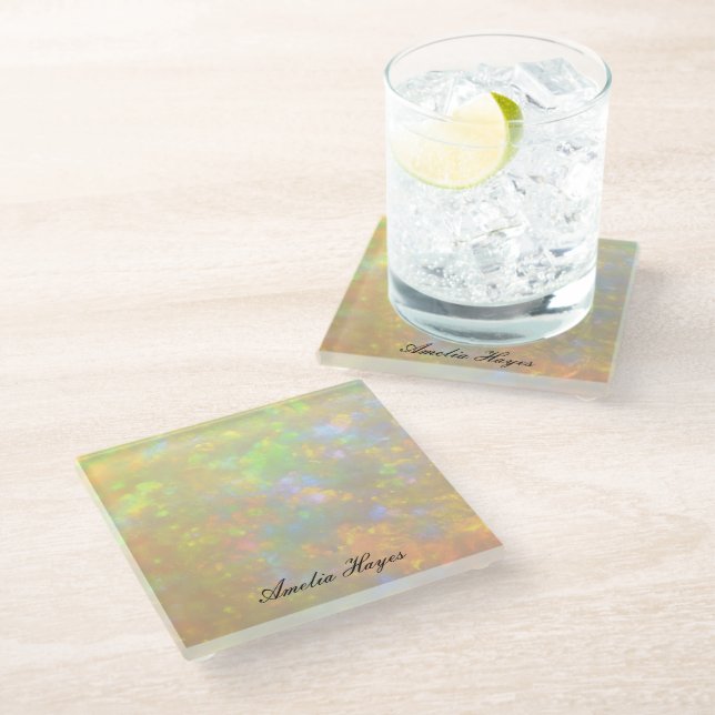 Elegant Opal Stone Texture Modern Script Custom Glass Coaster (Angled)