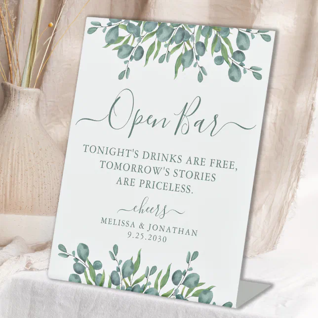 Elegant Open Bar Eucalyptus Personalized Wedding Pedestal Sign | Zazzle