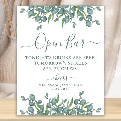 Elegant Open Bar Eucalyptus Personalized Wedding Poster