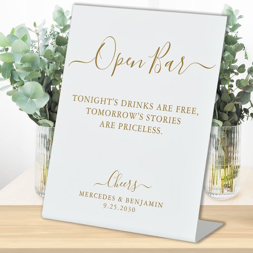 Elegant Open Bar Gold Script Personalized Wedding Pedestal Sign