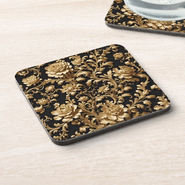 Elegant Opulence: Black and Gold Baroque Floral Beverage Coaster (Left Side)