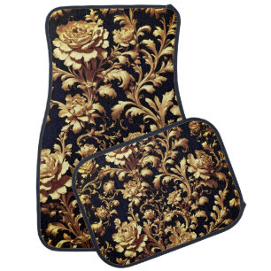 Elegant Opulence: Black and Gold Baroque Floral Car Floor Mat