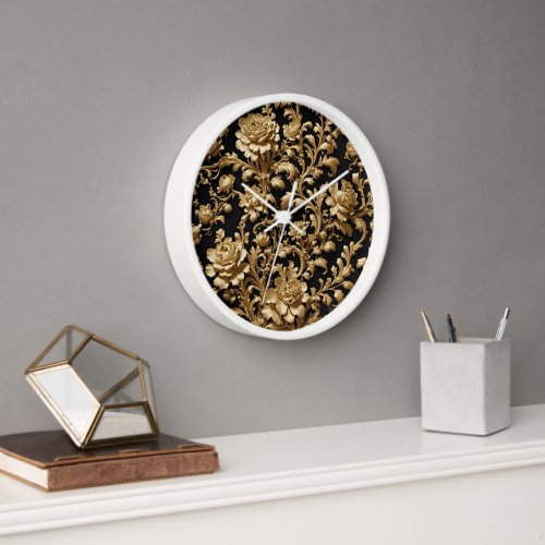 Elegant Opulence Black and Gold Floral Baroque Clock