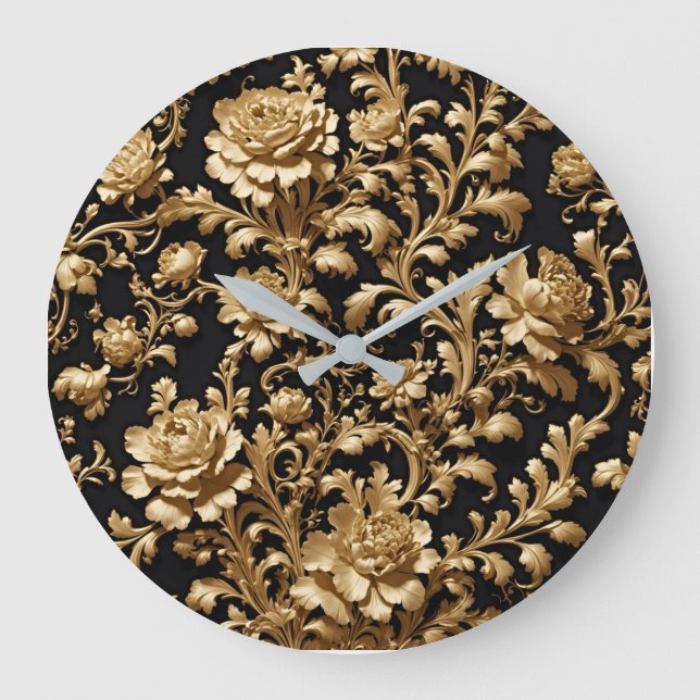 Elegant Opulence: Black and Gold Floral Baroque Large Clock (Front)