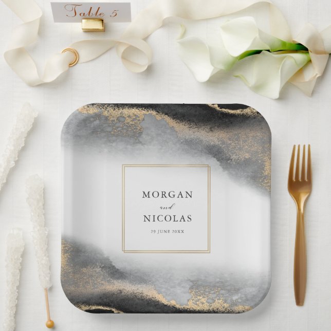 Elegant Opulence Black and Gold Modern Paper Plates (Wedding)