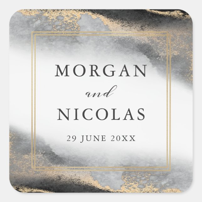 Elegant Opulence Black and Gold Wedding Square Sticker (Front)