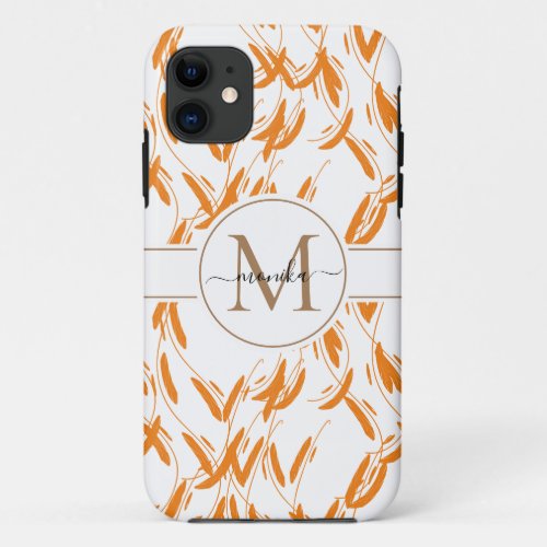 Elegant Orange Abstract Floral Gold Monogrammed iPhone 11 Case