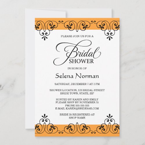 Elegant orange and black damask bridal shower invitation