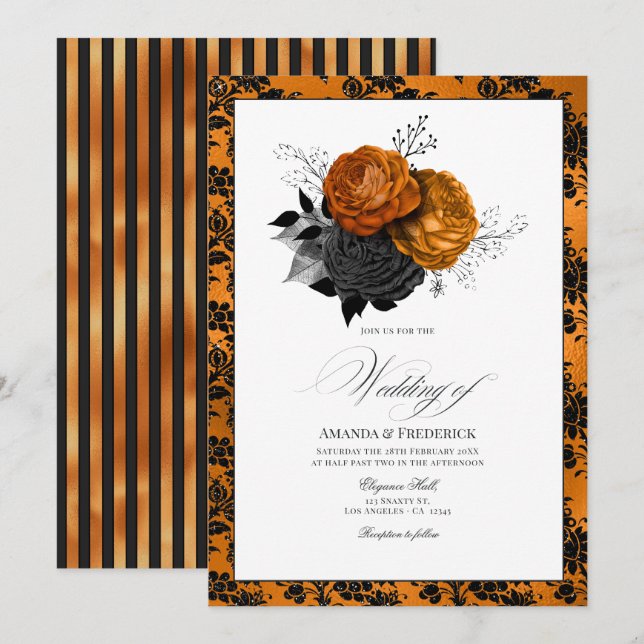 Elegant Orange and Black Gothic Wedding Theme Invitation (Front/Back)