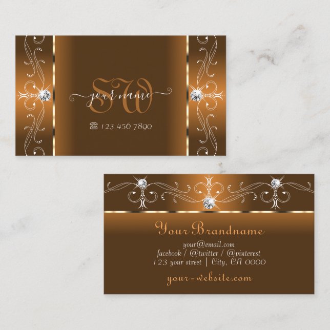 Elegant Orange and Brown Squiggled Jewels Monogram Business Card (Front/Back)