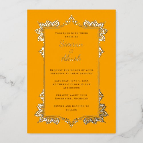 Elegant orange and silver foil indian wedding foil invitation