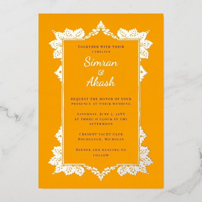 Elegant orange and silver foil indian wedding foil invitation (Front)