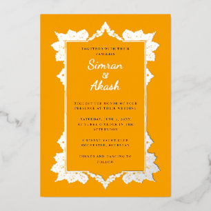 Elegant orange and silver foil indian wedding invitation