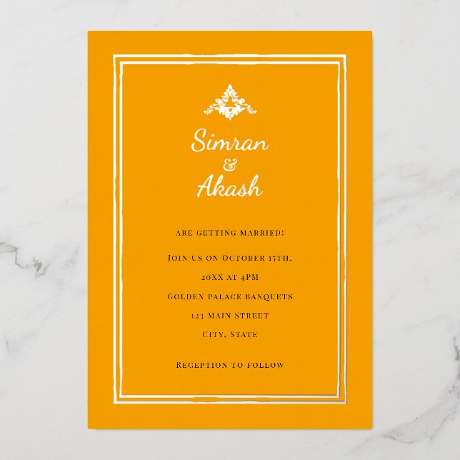 Elegant orange and silver wedding invitation foil invitation (Front)