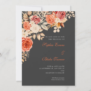 Elegant Orange and White Roses Shadow Gray Wedding Invitation