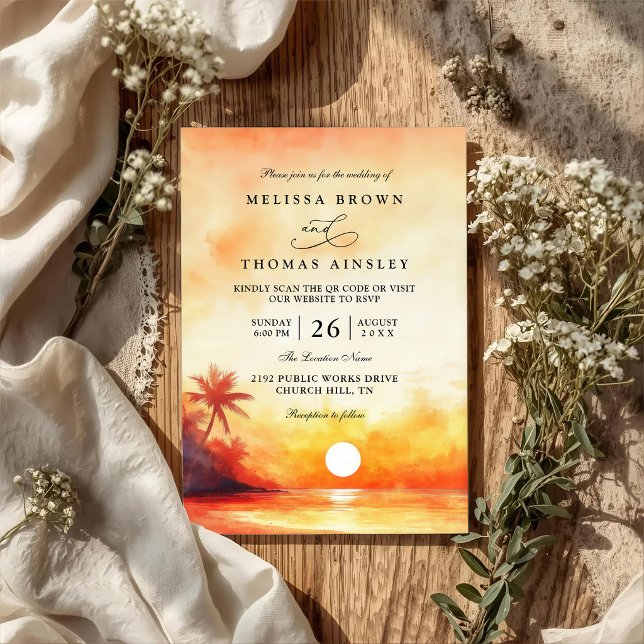 Elegant Orange Beach Sunset QR Code Wedding Invitation (Creator Uploaded)