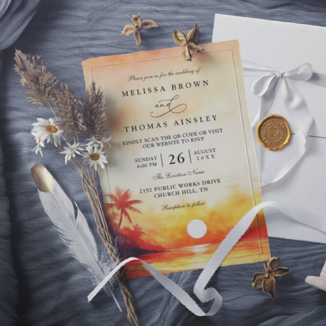 Elegant Orange Beach Sunset Tropical Palm Wedding Invitation (Creator Uploaded)