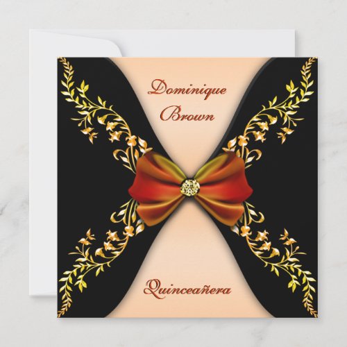 Elegant Orange Black Diamond Bow Quinceanera Custom Invitations
