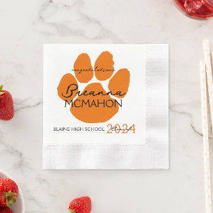 Elegant Orange & Black Graduation Pawprint Paper Napkins