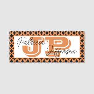 Elegant Orange Black Lattice Trendy Monogram Name Tag